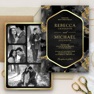 Charcoal Gold Abstract Fluid Ink Photo Wedding Invitation