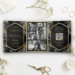 Charcoal Gold Abstract Fluid Ink QR Code Wedding Tri-Fold Invitation