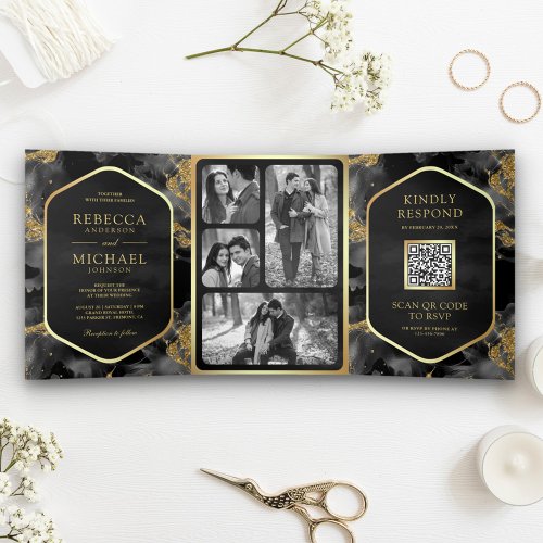 Charcoal Gold Abstract Fluid Ink QR Code Wedding Tri_Fold Invitation