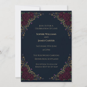 Charcoal Gold Baroque Rose Wedding Invitation