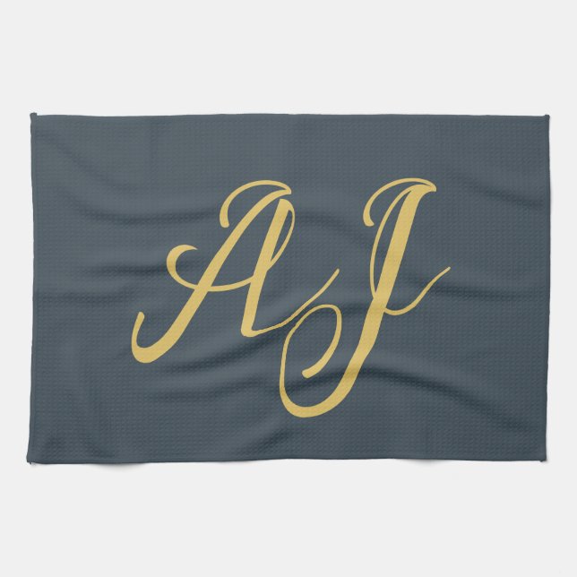 Charcoal Gold Color Monogram Professional Initial Kitchen Towel (Horizontal)
