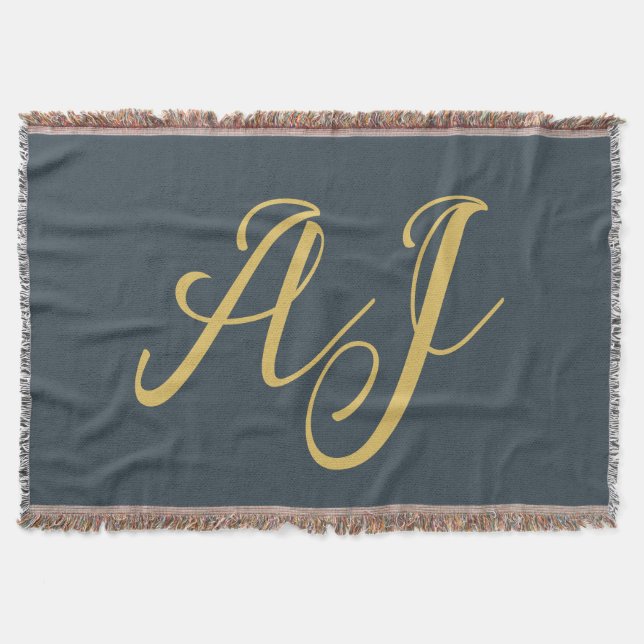 Charcoal Gold Color Monogram Professional Initial Throw Blanket (Front)