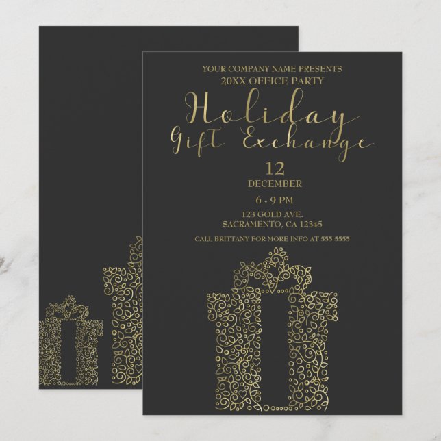Charcoal Gold Elegant Holiday Party Gift Exchange Invitation (Front/Back)