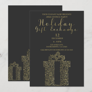 Charcoal Gold Elegant Holiday Party Gift Exchange Invitation
