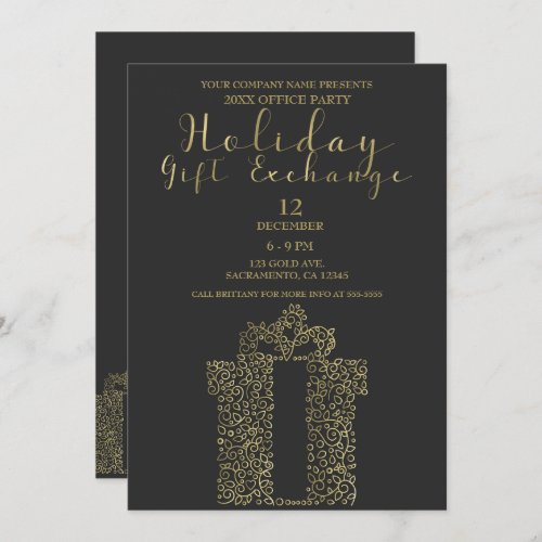 Charcoal Gold Elegant Holiday Party Gift Exchange Invitation