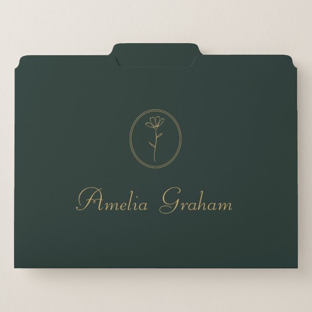 Charcoal & Gold Flower Line Art Logo Monogram File Folder (Front Center)