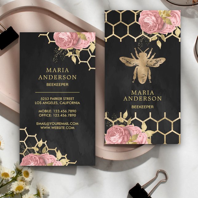 Charcoal Gold Foil Blush Pink Floral Honey Bee Business Card (Creator Uploaded)