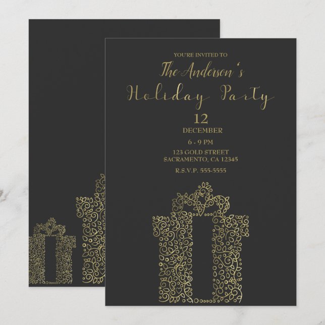 Charcoal & Gold Gift Present Elegant Holiday Party Invitation (Front/Back)