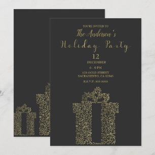Charcoal & Gold Gift Present Elegant Holiday Party Invitation
