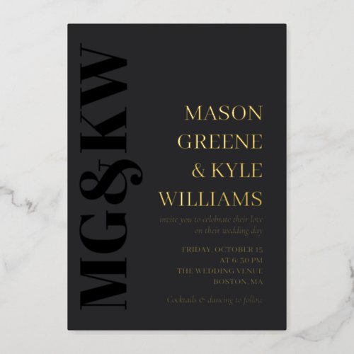 Charcoal  Gold Initials Typography 2 in 1 Wedding Foil Invitation