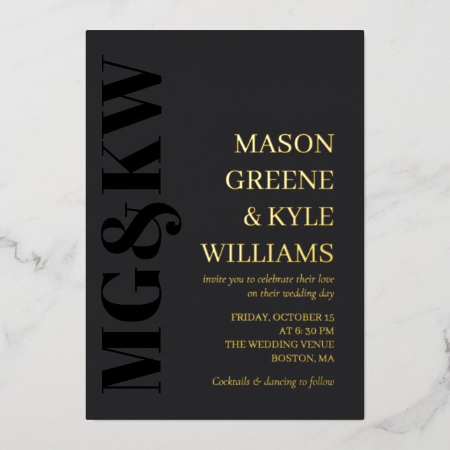 Charcoal & Gold Initials Typography 2 in 1 Wedding Foil Invitation (Front)