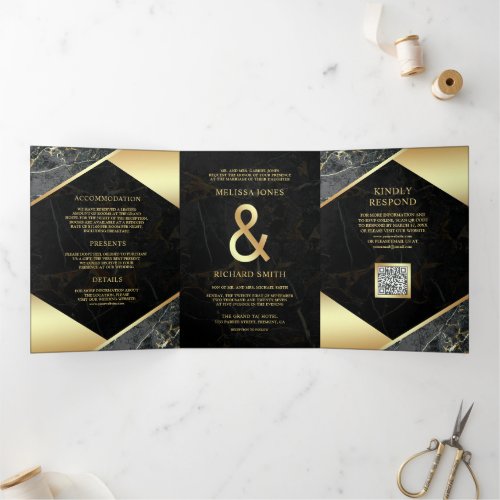 Charcoal Gold Marble Ampersand QR Code Wedding Tri-Fold Invitation
