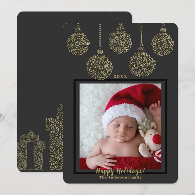 Charcoal Gold Ornaments Modern Holiday Photo #2 Invitation (Front/Back)