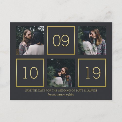 Charcoal  Gold  Photo Collage Save the Date Announcement Postcard