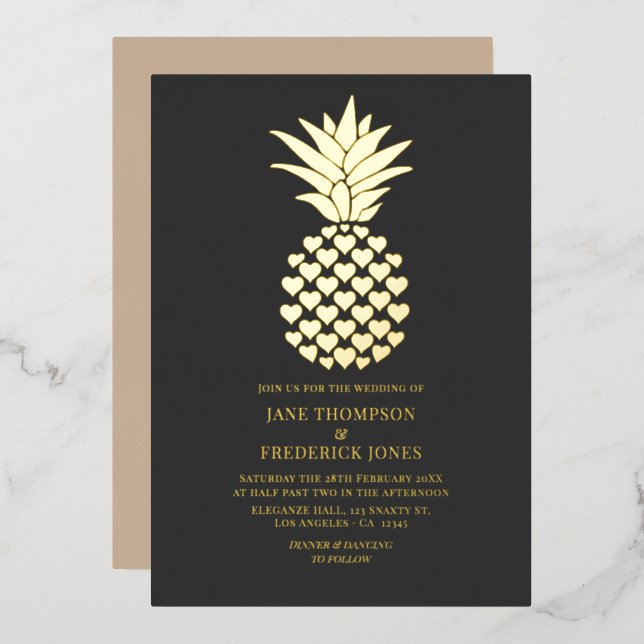 Charcoal & Gold Tropical Pineapple Wedding Foil Invitation (Front/Back)