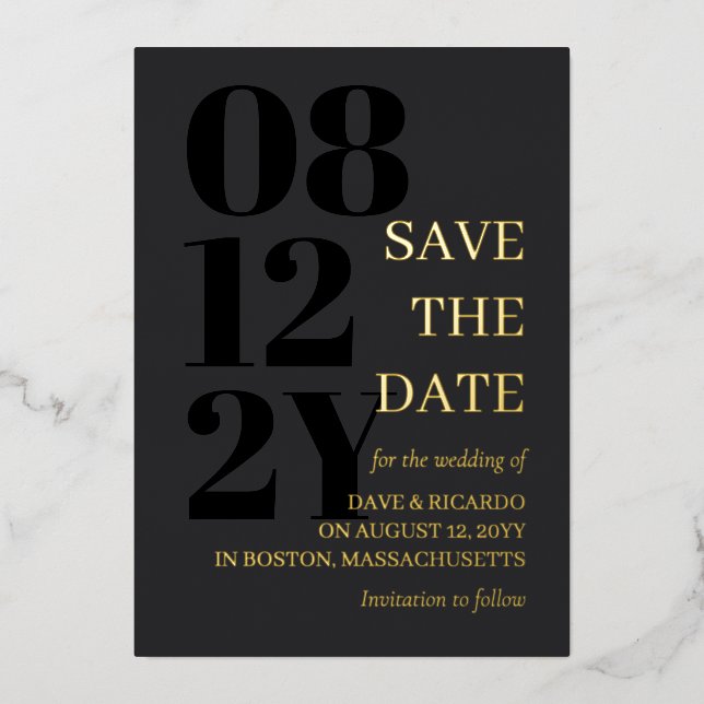 Charcoal & Gold Typography Wedding Save the Date Foil Invitation (Front)