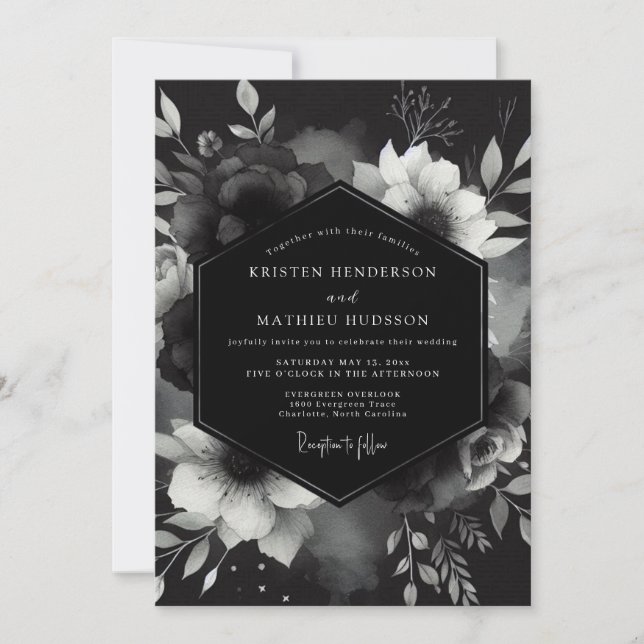 Charcoal Gothic Bloom Wedding Invitation (Front)