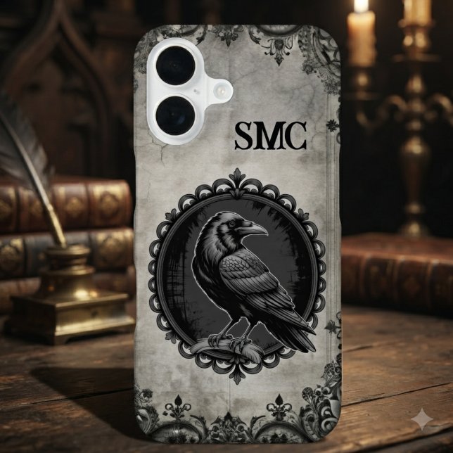 Charcoal Gothic Raven Monogram Initial Iphone Case (Gothic raven monogram phone case for dark academia fans, perfect for moody everyday style.)