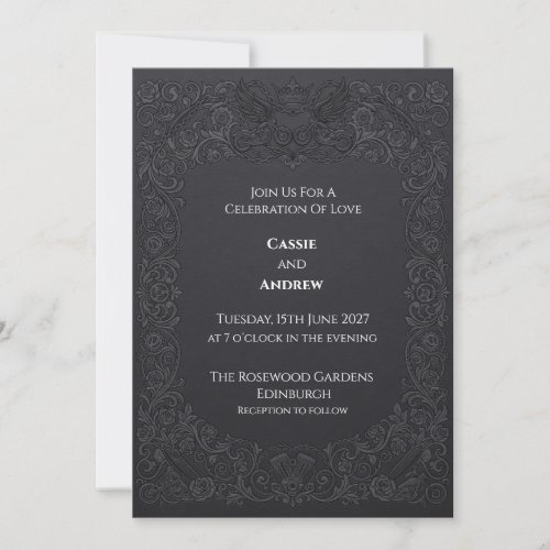 Charcoal Gothic Rose Raven Wedding Invitation