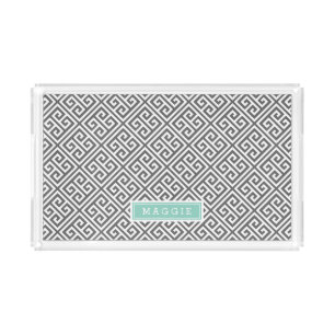 Charcoal Gray and Aqua Greek Key Monogram Acrylic Tray