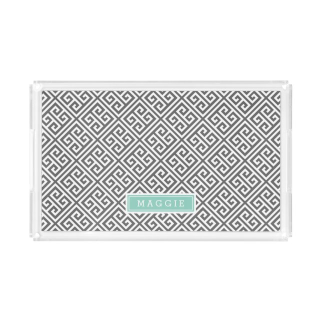 Charcoal Gray and Aqua Greek Key Monogram Acrylic Tray (Front)