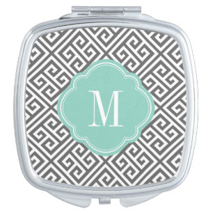 Charcoal Gray and Aqua Greek Key Monogram Vanity Mirror