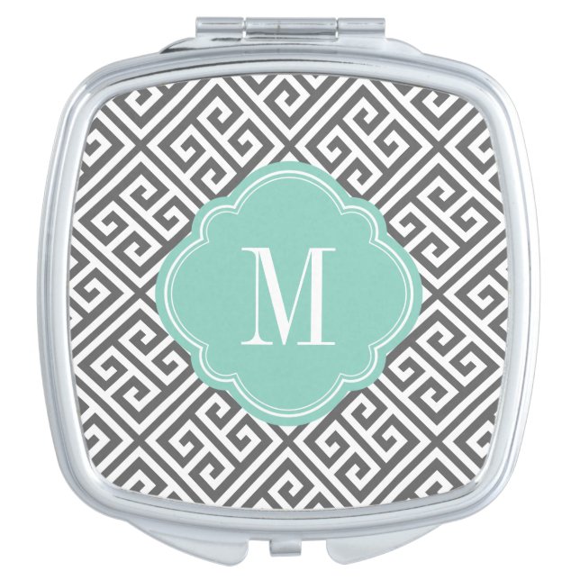 Charcoal Gray and Aqua Greek Key Monogram Vanity Mirror (Front)