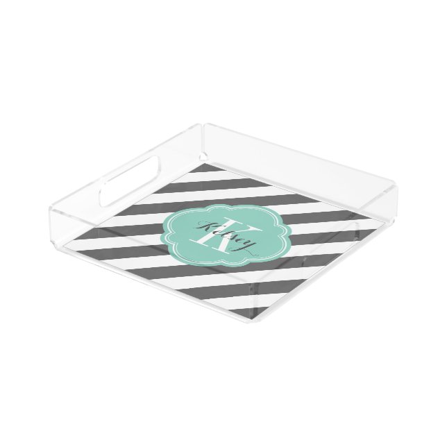 Charcoal Gray and Aqua Preppy Stripes Monogram Acrylic Tray (Angled)