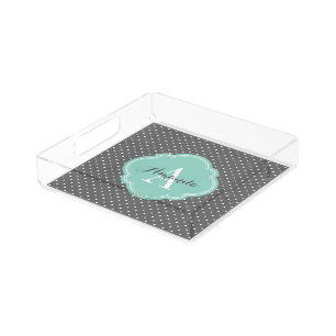 Charcoal Gray and Aqua Tiny Dots Monogram Acrylic Tray