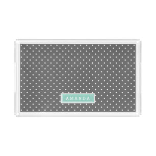 Charcoal Gray and Aqua Tiny Dots Monogram Acrylic Tray
