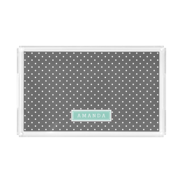Charcoal Gray and Aqua Tiny Dots Monogram Acrylic Tray (Front)
