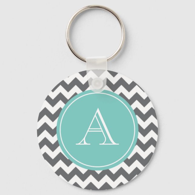 Charcoal Gray and Blue Chevron Custom Monogram Keychain (Front)