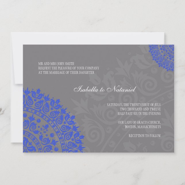 Charcoal Gray and Blue Damask Wedding Invitation (Front)