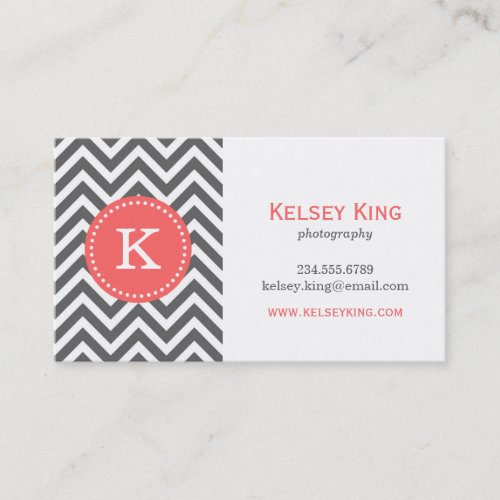 Charcoal Gray and Coral Chevron Custom Monogram Business Card