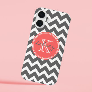 Charcoal Gray and Coral Chevron Custom Monogram iPhone 16 Case