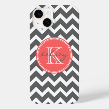 Charcoal Gray And Coral Chevron Custom Monogram Case-mate Iphone 14 Ca