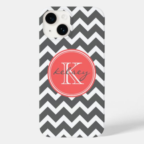 Charcoal Gray and Coral Chevron Custom Monogram Case_Mate iPhone 14 Case