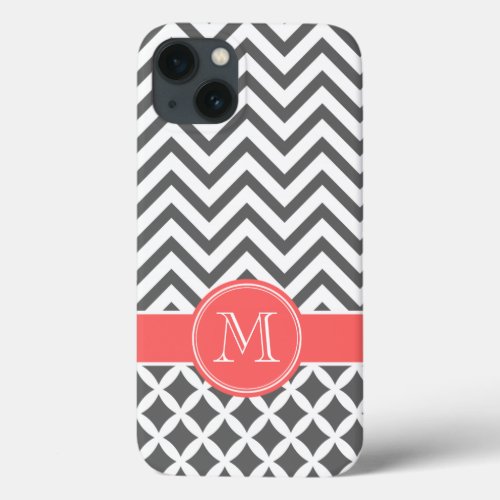 Charcoal Gray and Coral Chevron Monogram iPhone 13 Case