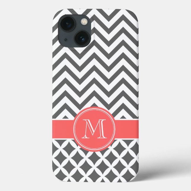 Charcoal Gray and Coral Chevron Monogram Case-Mate iPhone Case (Back)