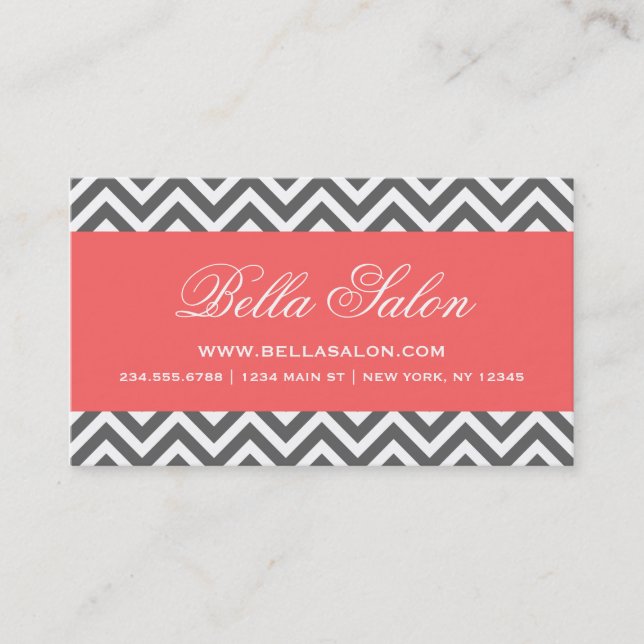 Charcoal Gray and Coral Modern Chevron Stripes Business Card (Front)