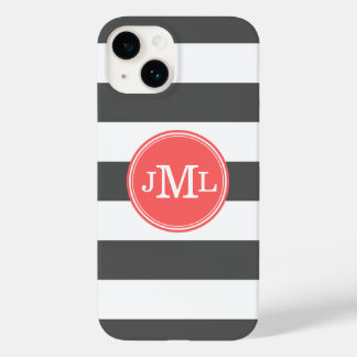 Charcoal Gray and Coral Wide Stripe Monogram Case-Mate iPhone 14 Case