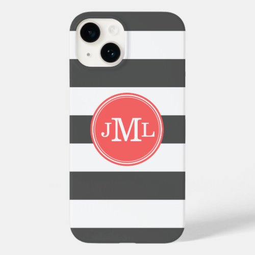 Charcoal Gray and Coral Wide Stripe Monogram Case_Mate iPhone 14 Case