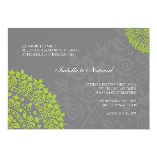 Charcoal Gray and Green Damask Wedding Invitation