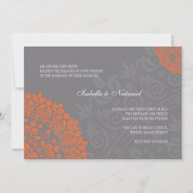 Charcoal Gray and Orange Damask Wedding Invitation (Front)