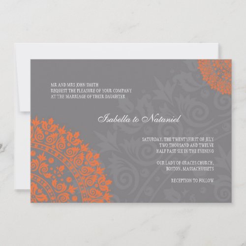 Charcoal Gray and Orange Damask Wedding Invitation