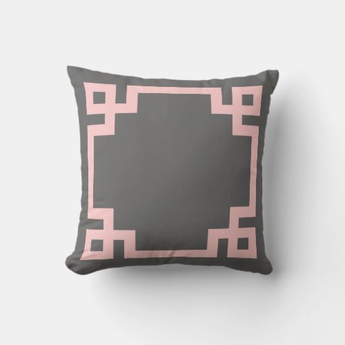 Charcoal Gray and Pink Greek Key Border Throw Pillow