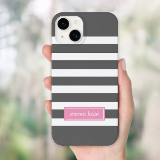 Charcoal Gray and Pink Preppy Stripes Monogram Case-Mate iPhone 14 Case