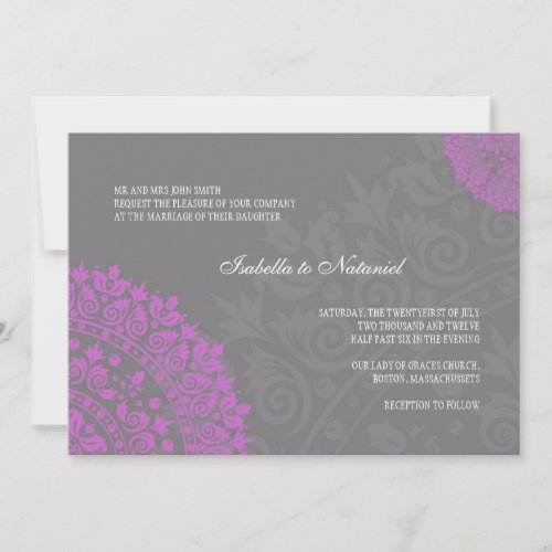 Charcoal Gray and Purple Damask Wedding Invitation