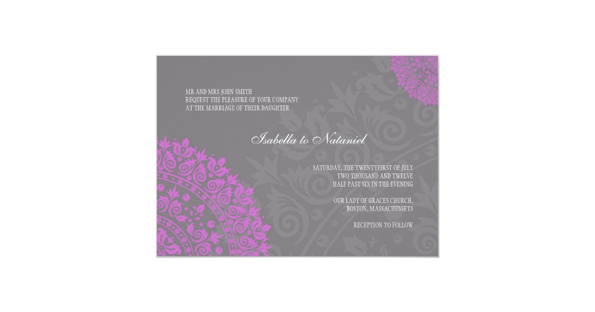 Charcoal Gray and Purple Damask Wedding Invitation ...