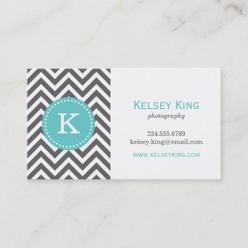Charcoal Gray and Turquoise Chevron Monogram Business Card